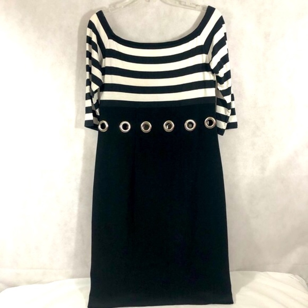 Joseph Ribkoff Black and White Striped Midi Dress